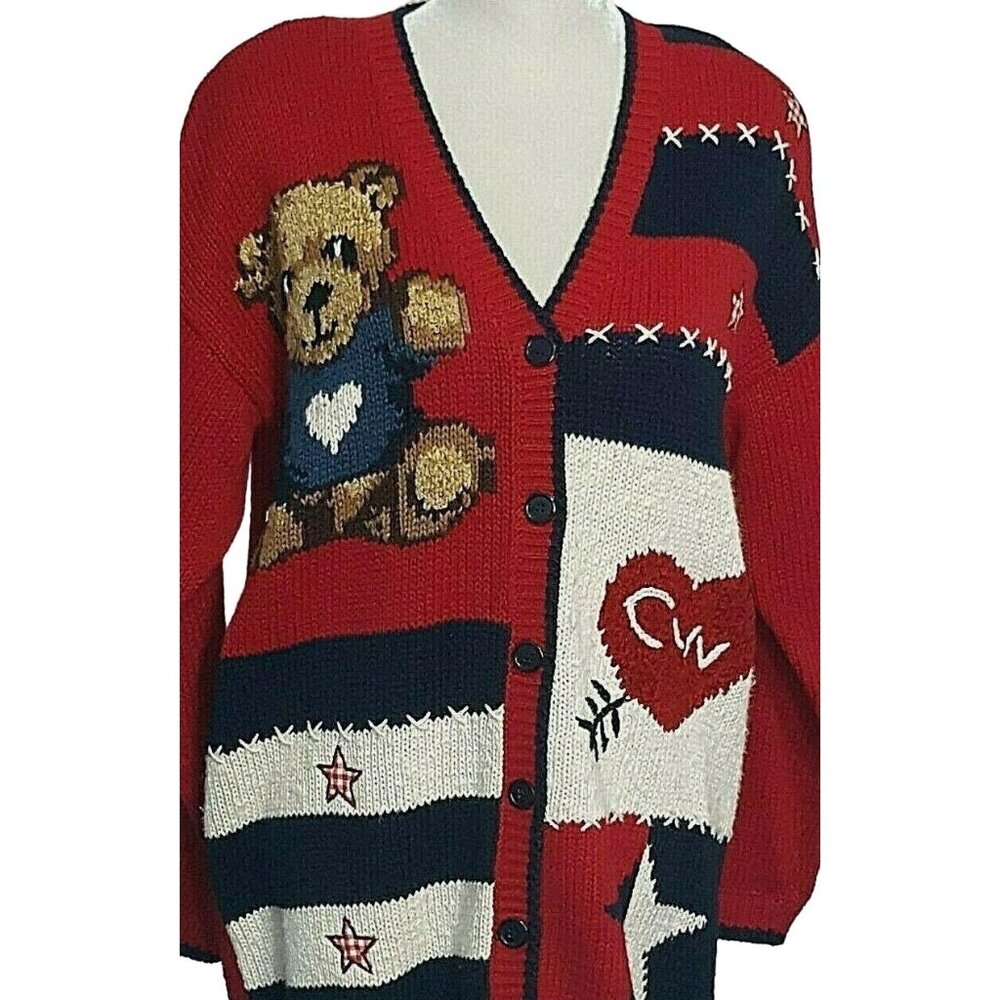 Vintage 80s Marsh Landing Womens Knit Sweater M Red Button Front Cardigan
